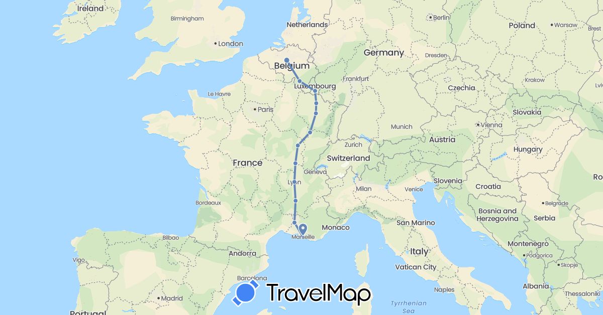 TravelMap itinerary: driving, cycling in Belgium, France, Luxembourg (Europe)